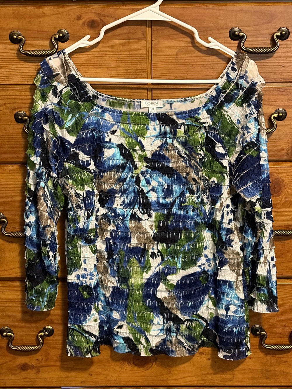Conrad C Collection Blue, Green & White Crinkle Long-Sleeve Tee - Relaxed Fit